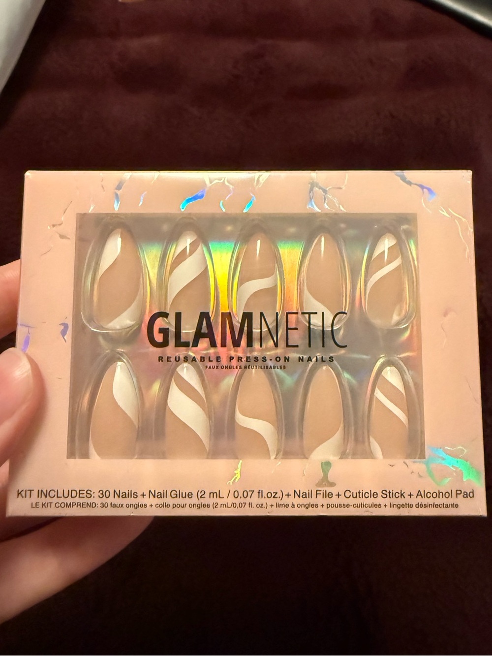 Glamnetic Marshmallow Swirl Medium Almond Press-On Nails — Nude and White Swirl